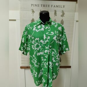 Tommy Hilfiger Green White Floral Hawaiian Shirt Men's M Linen Cotton